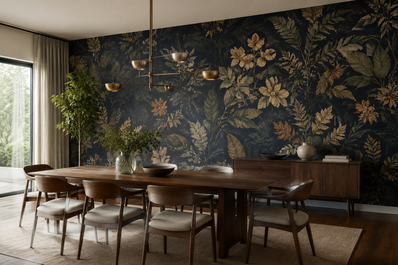 Design inspiration: deep botanical wallpaper in a contemporary dining room